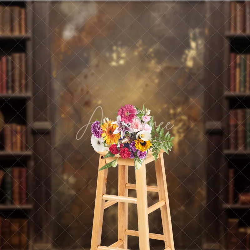 Aperturee - Aperturee Rustic Vintage Library Bookshelf Photography Backdrop with Old Books Distressed Gold Textured Wall and Antique Globe.