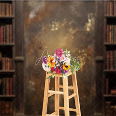 Aperturee - Aperturee Rustic Vintage Library Bookshelf Photography Backdrop with Old Books Distressed Gold Textured Wall and Antique Globe.
