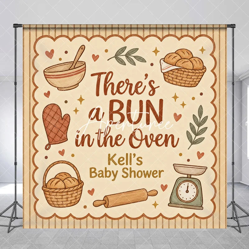 Aperturee - Aperturee Rustic Watercolor Baking Theme Bun in the Oven Custom Backdrop Personalized Baby Shower Photo Booth Decor