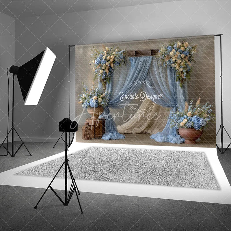 Aperturee - Aperturee Rustic Wedding Arch Backdrop Dusty Blue Drapes with Hydrangea Cream Rose Floral Decor for Bridal Shower