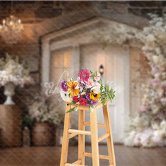 Aperturee - Aperturee Rustic Wedding Backdrop White Door on Stone Wall Pink Floral Arch Photography Background for Bridal Shower