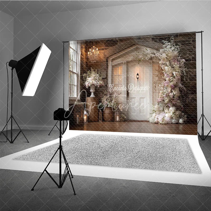 Aperturee - Aperturee Rustic Wedding Backdrop White Door on Stone Wall Pink Floral Arch Photography Background for Bridal Shower