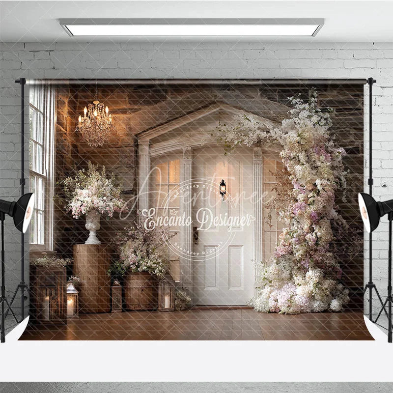Aperturee - Aperturee Rustic Wedding Backdrop White Door on Stone Wall Pink Floral Arch Photography Background for Bridal Shower