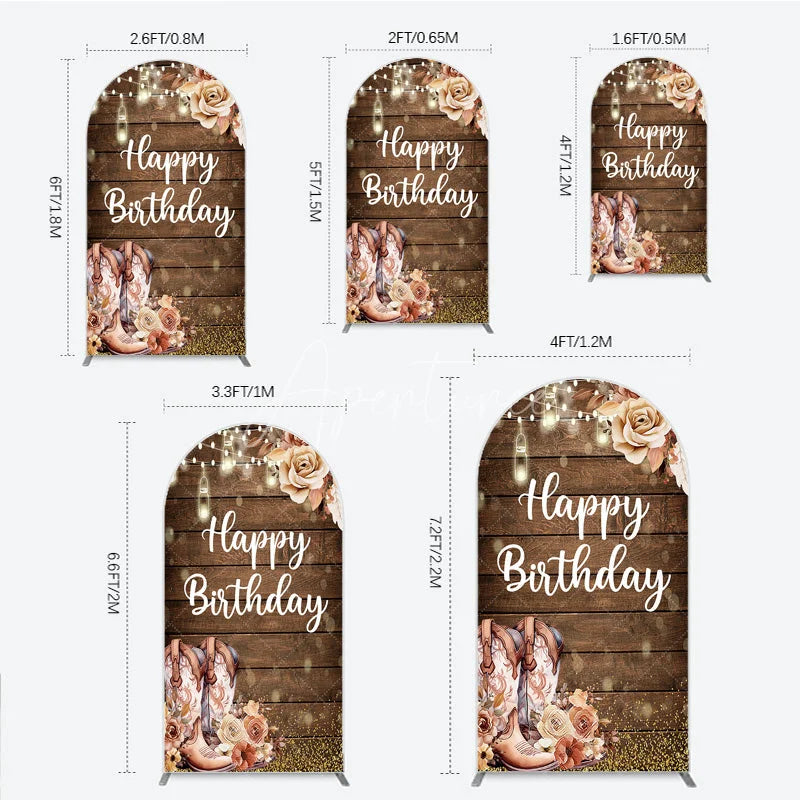 Aperturee - Aperturee Rustic Western Happy Birthday round top arch backdrop with Cowboy Boots and String Lights for Party Decor
