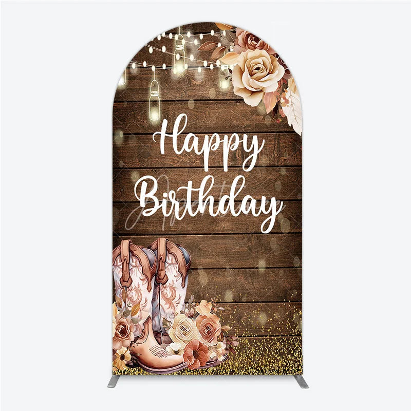 Aperturee - Aperturee Rustic Western Happy Birthday round top arch backdrop with Cowboy Boots and String Lights for Party Decor
