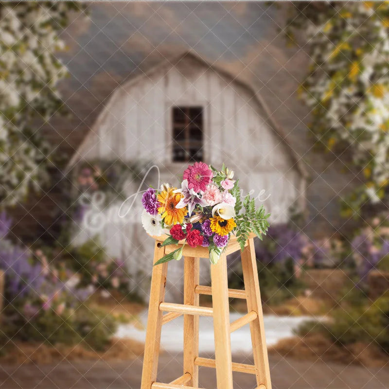 Aperturee - Aperturee Rustic White Barn Photography Backdrop with Flowering Trees and Purple Pink Flowers Hay Bales for Spring Portraits