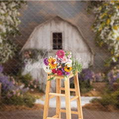 Aperturee - Aperturee Rustic White Barn Photography Backdrop with Flowering Trees and Purple Pink Flowers Hay Bales for Spring Portraits