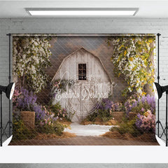 Aperturee - Aperturee Rustic White Barn Photography Backdrop with Flowering Trees and Purple Pink Flowers Hay Bales for Spring Portraits
