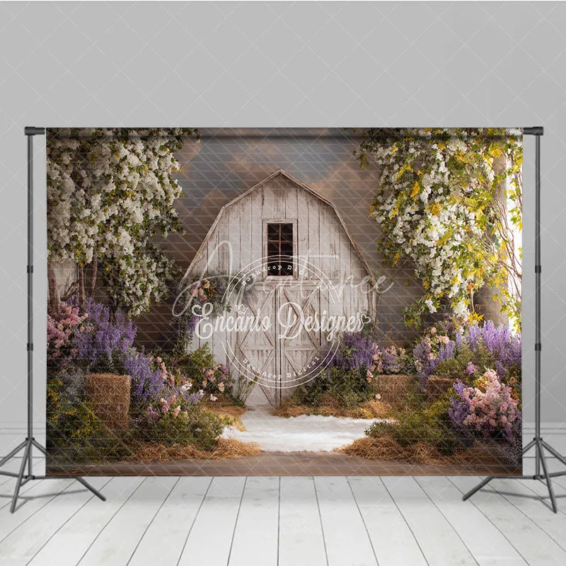 Aperturee - Aperturee Rustic White Barn Photography Backdrop with Flowering Trees and Purple Pink Flowers Hay Bales for Spring Portraits
