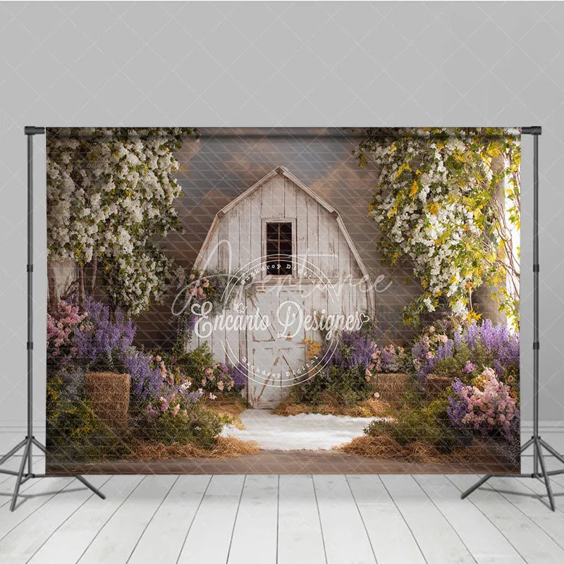 Aperturee - Aperturee Rustic White Barn Photography Backdrop with Flowering Trees Lush Purple and Pink Spring Flowers and Greenery