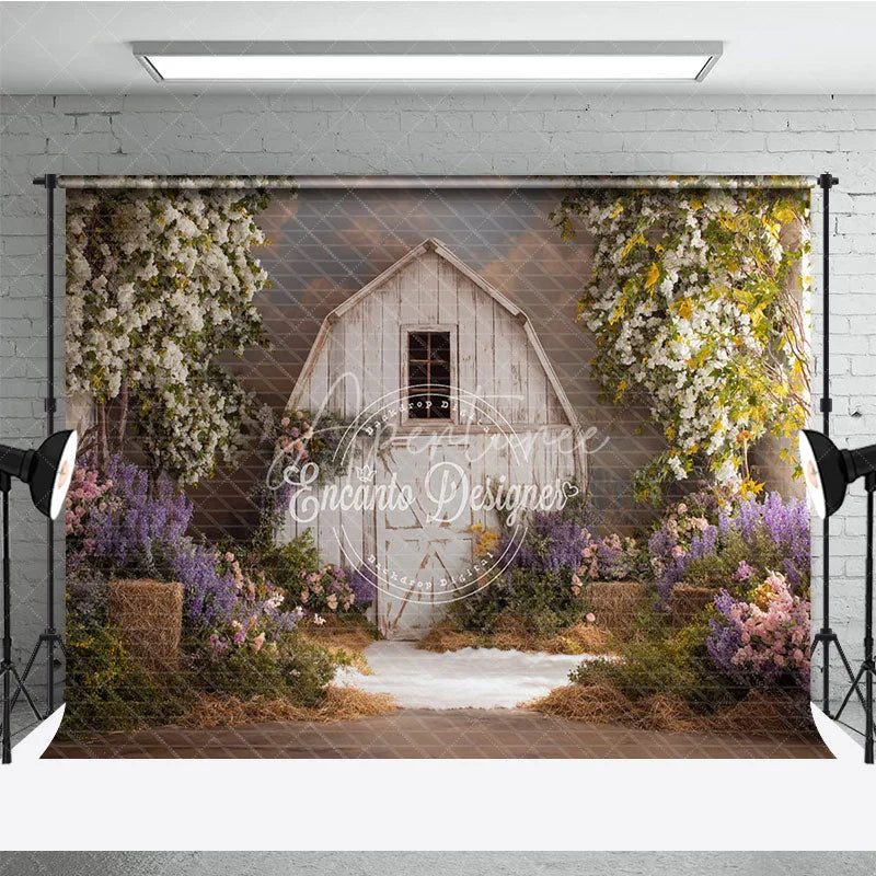 Aperturee - Aperturee Rustic White Barn Photography Backdrop with Flowering Trees Lush Purple and Pink Spring Flowers and Greenery