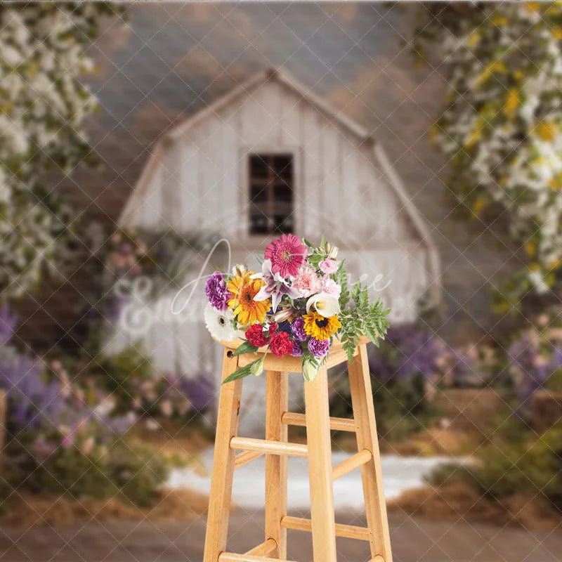Aperturee - Aperturee Rustic White Barn Photography Backdrop with Flowering Trees Lush Purple and Pink Spring Flowers and Greenery