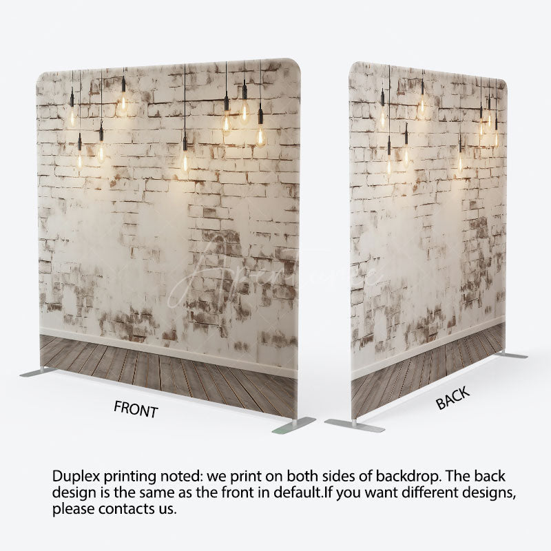 Aperturee - Aperturee Rustic White Brick Wall Tension Fabric Backdrop Loft with Edison Bulbs and Wood Floor Photography Studio Prop