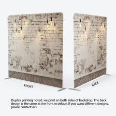 Aperturee - Aperturee Rustic White Brick Wall Tension Fabric Backdrop Loft with Edison Bulbs and Wood Floor Photography Studio Prop