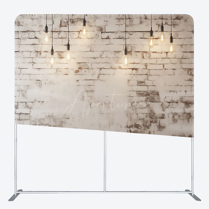 Aperturee - Aperturee Rustic White Brick Wall Tension Fabric Backdrop Loft with Edison Bulbs and Wood Floor Photography Studio Prop