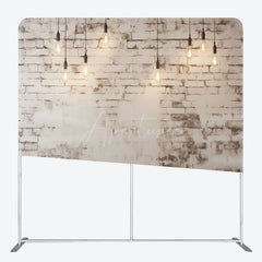 Aperturee - Aperturee Rustic White Brick Wall Tension Fabric Backdrop Loft with Edison Bulbs and Wood Floor Photography Studio Prop