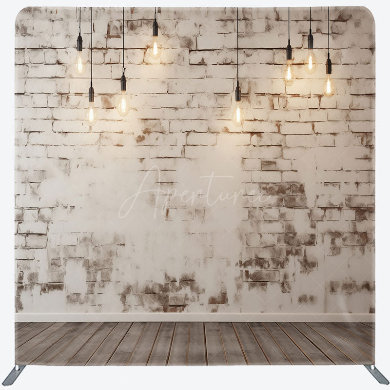 Aperturee - Aperturee Rustic White Brick Wall Tension Fabric Backdrop Loft with Edison Bulbs and Wood Floor Photography Studio Prop