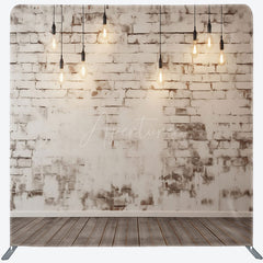 Aperturee - Aperturee Rustic White Brick Wall Tension Fabric Backdrop Loft with Edison Bulbs and Wood Floor Photography Studio Prop