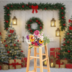Aperturee - Aperturee Rustic White Door Christmas Photography Backdrop Red and Green Garland with Lanterns Holiday Photo Background