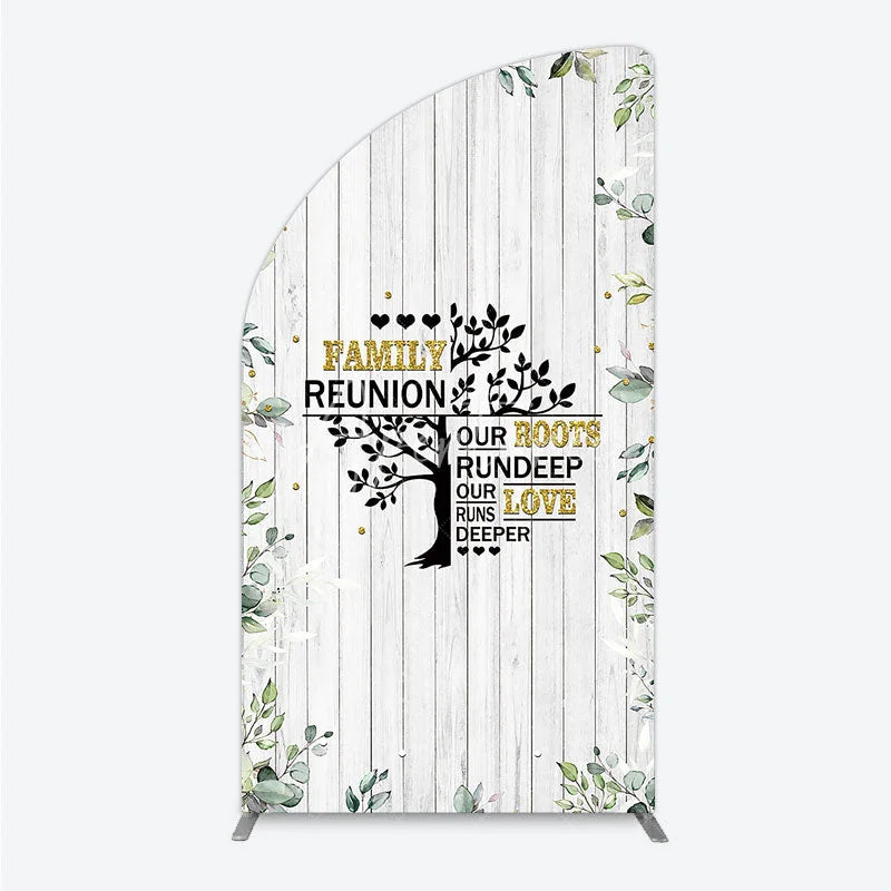 Aperturee - Aperturee Rustic White Wood Family Reunion Half Moon Arch Backdrop Greenery and Gold Glitter Tree Decor for Special Occasion
