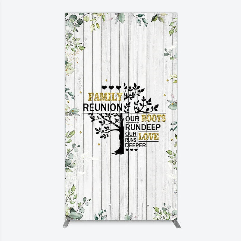 Aperturee - Aperturee Rustic White Wood Family Reunion Rectangle Backdrop Greenery and Gold Glitter Tree Decor for Special Occasion Party