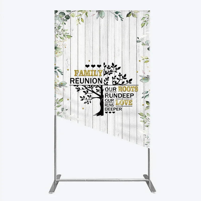 Aperturee - Aperturee Rustic White Wood Family Reunion Rectangle Backdrop Greenery and Gold Glitter Tree Decor for Special Occasion Party