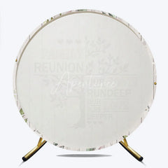 Aperturee - Aperturee Rustic White Wood Family Reunion Round Backdrop Green Eucalyptus and Gold Glitter Family Tree Quote Decor