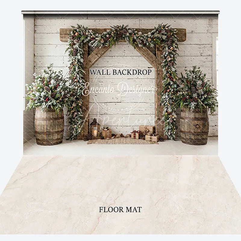 Aperturee - Aperturee Rustic White Wood Wall Christmas Archway Combo Set Backdrop Frosted Pine Garland and Gifts Decor