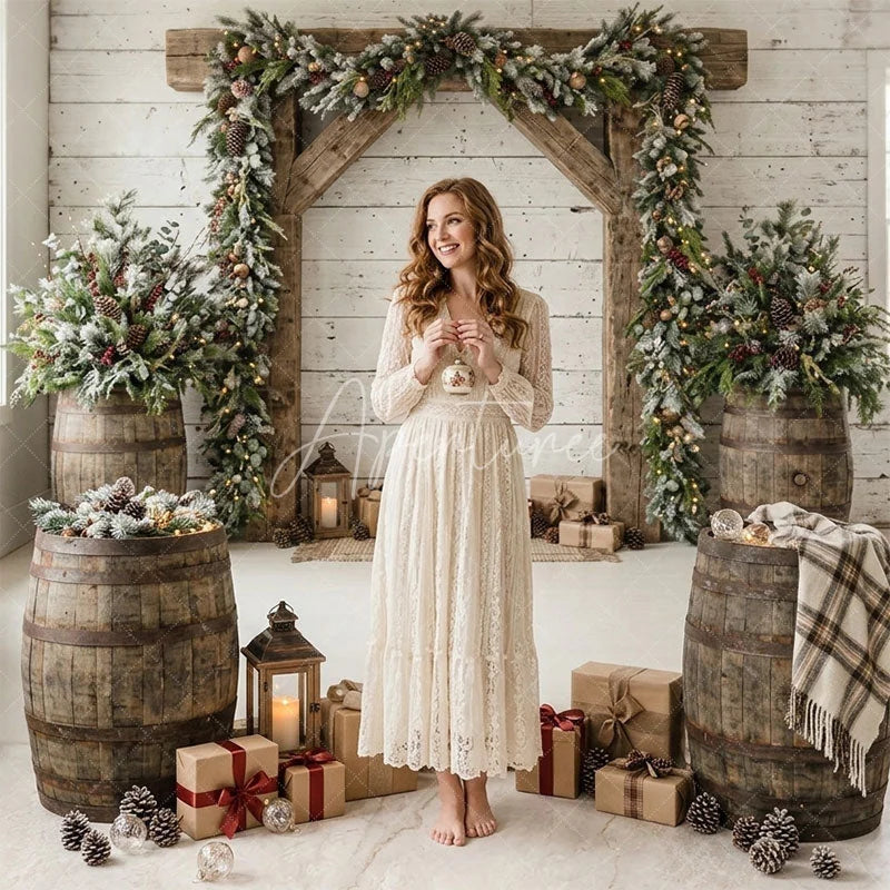 Aperturee - Aperturee Rustic White Wood Wall Christmas Archway Combo Set Backdrop Frosted Pine Garland and Gifts Decor