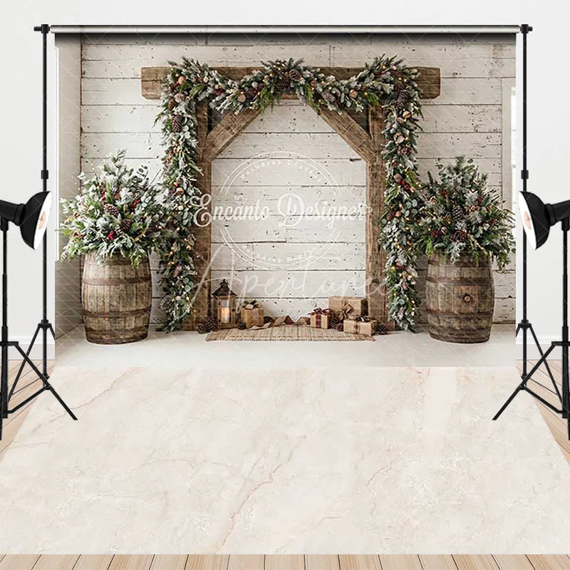 Aperturee - Aperturee Rustic White Wood Wall Christmas Archway Combo Set Backdrop Frosted Pine Garland and Gifts Decor