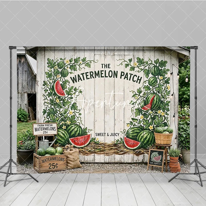 Aperturee - Aperturee Rustic White Wood Watermelon Patch Photography Backdrop Summer Farm Harvest Party Decor