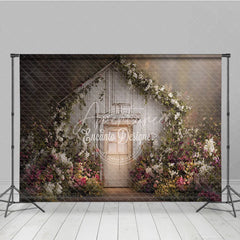 Aperturee - Aperturee Rustic White Wooden Door Photography Backdrop Lush Floral Vines and a Dreamy Spring Garden Scene