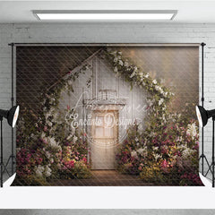 Aperturee - Aperturee Rustic White Wooden Door Photography Backdrop Lush Floral Vines and a Dreamy Spring Garden Scene