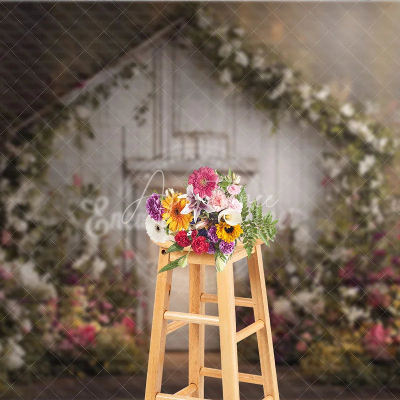 Aperturee - Aperturee Rustic White Wooden Door Photography Backdrop Lush Floral Vines and a Dreamy Spring Garden Scene