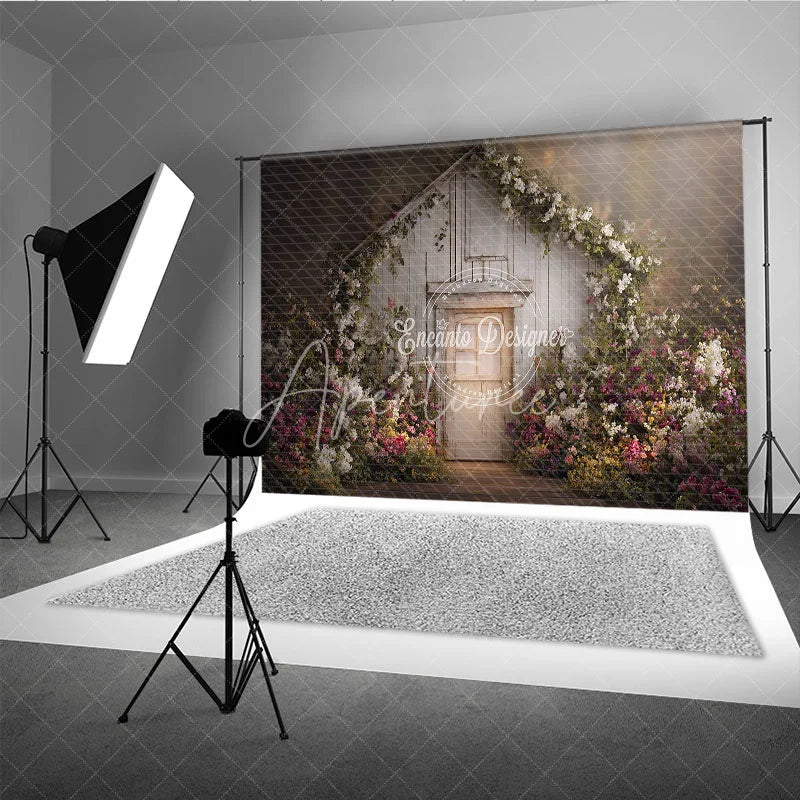 Aperturee - Aperturee Rustic White Wooden Door Photography Backdrop Lush Floral Vines and a Dreamy Spring Garden Scene