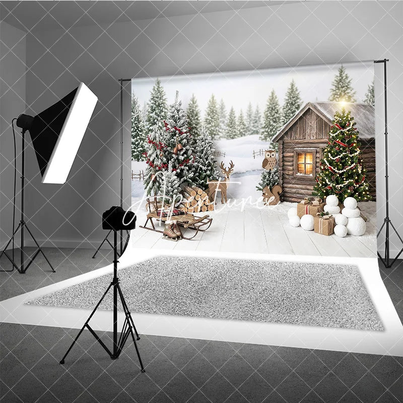 Aperturee - Aperturee Rustic Winter Cabin and Christmas Tree Holiday Backdrop Snowy Forest with Sled and Deer Celebration Decor