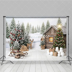 Aperturee - Aperturee Rustic Winter Cabin and Christmas Tree Holiday Backdrop Snowy Forest with Sled and Deer Celebration Decor