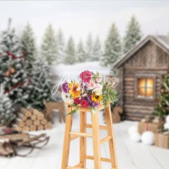 Aperturee - Aperturee Rustic Winter Cabin and Christmas Tree Holiday Backdrop Snowy Forest with Sled and Deer Celebration Decor