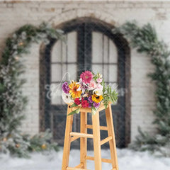 Aperturee - Aperturee Rustic Winter Door Backdrop Black Arched Entryway Snowy Pine Garland White Brick Wall Photo Background