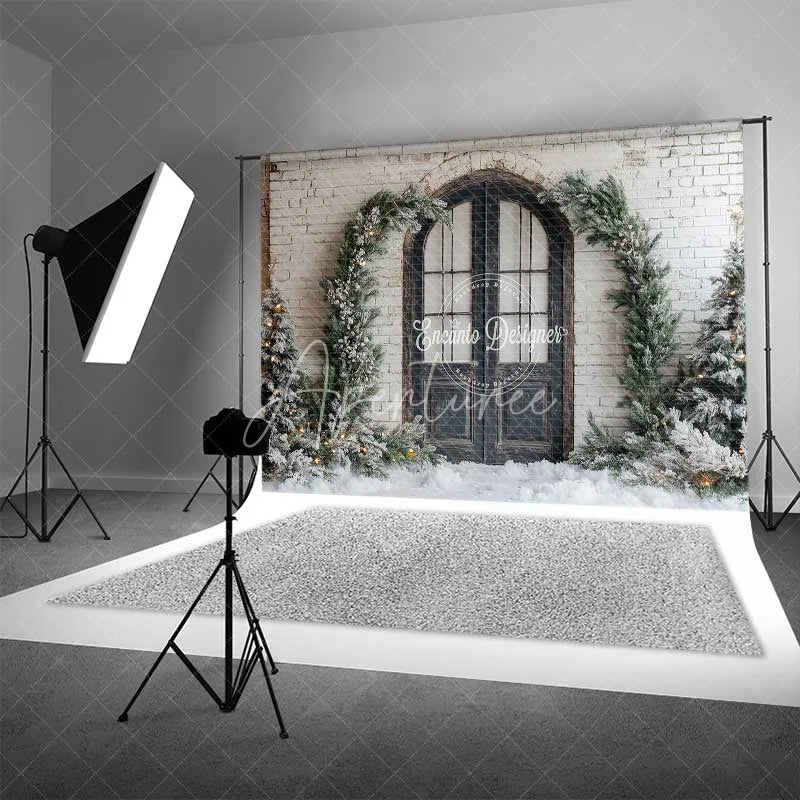Aperturee - Aperturee Rustic Winter Door Backdrop Black Arched Entryway Snowy Pine Garland White Brick Wall Photo Background