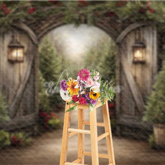 Aperturee - Aperturee Rustic Winter Garden Gate Backdrop Snowy Pine Tree Path Photography Background