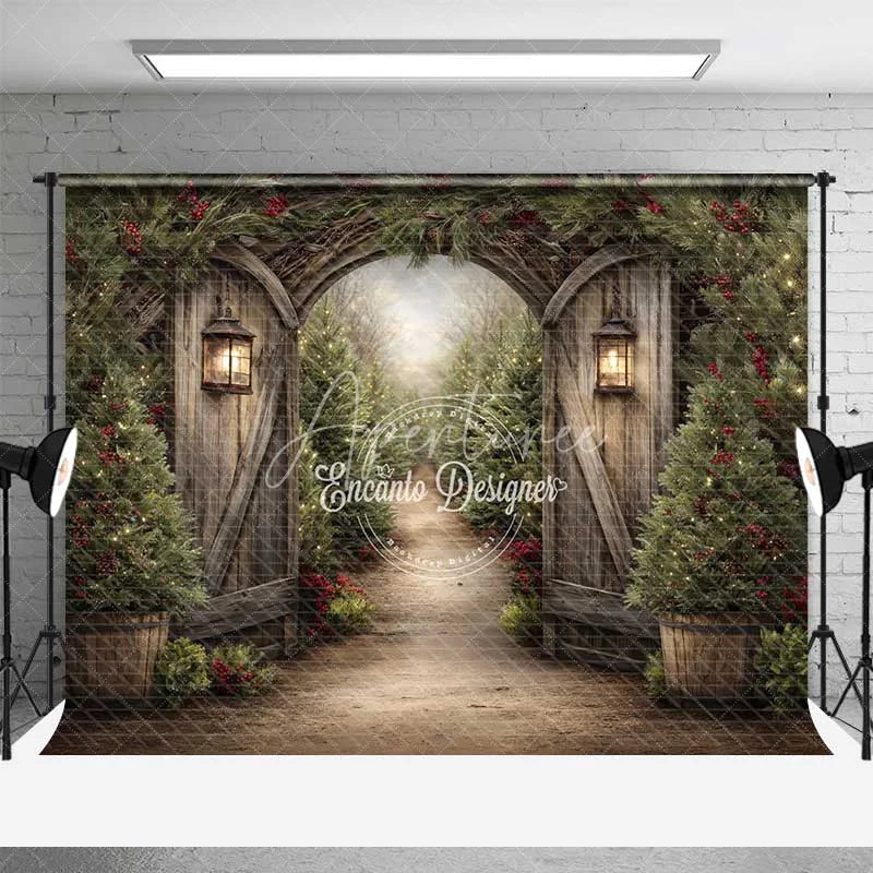 Aperturee - Aperturee Rustic Winter Garden Gate Backdrop Snowy Pine Tree Path Photography Background
