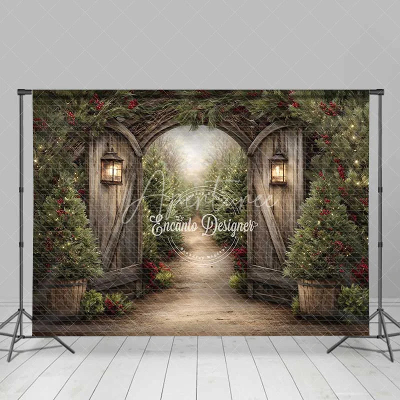 Aperturee - Aperturee Rustic Winter Garden Gate Backdrop Snowy Pine Tree Path Photography Background