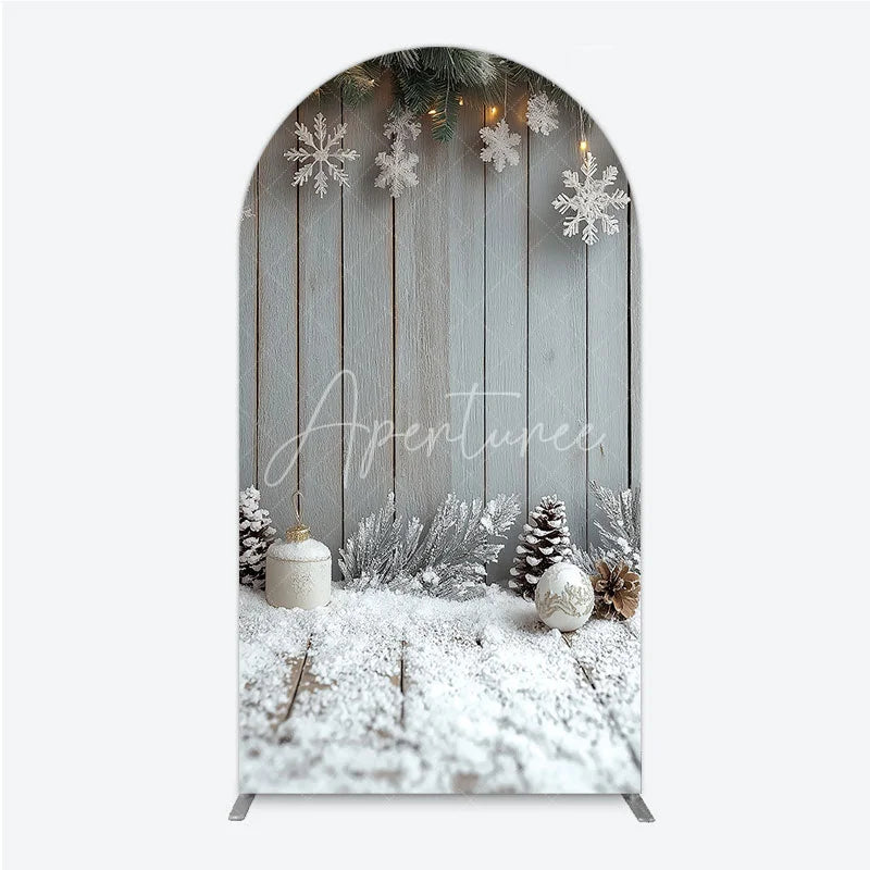 Aperturee - Aperturee Rustic Winter Holiday Arch Backdrop Snowy Wood Background with Flocked Pinecones Farmhouse Christmas Decor