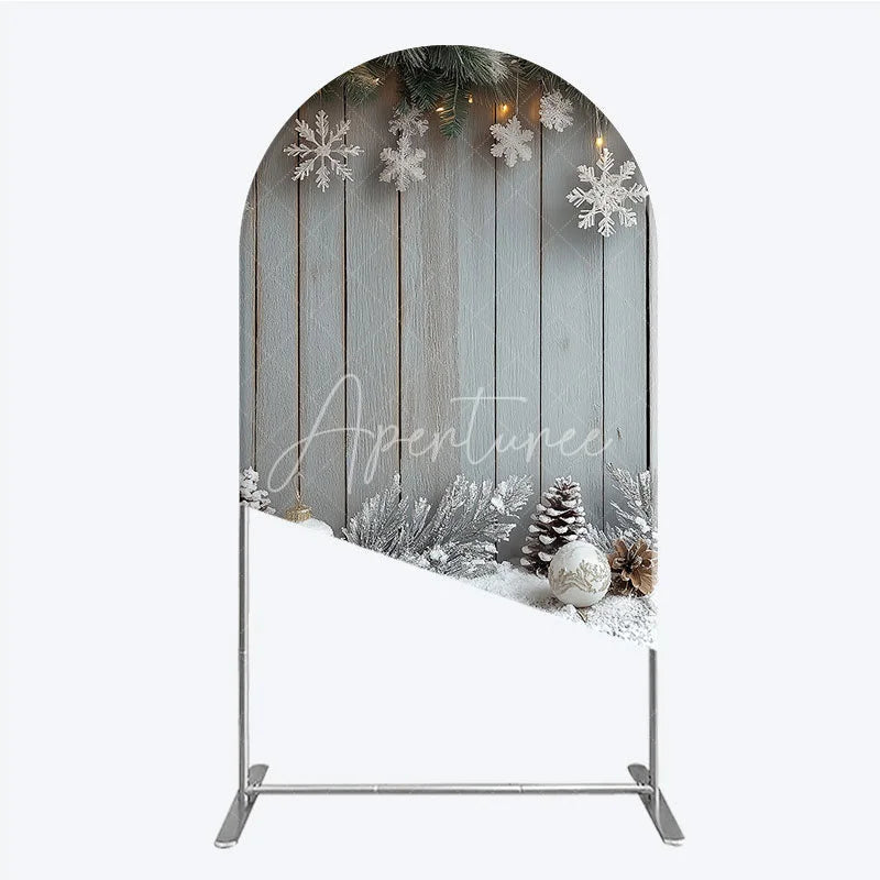 Aperturee - Aperturee Rustic Winter Holiday Arch Backdrop Snowy Wood Background with Flocked Pinecones Farmhouse Christmas Decor