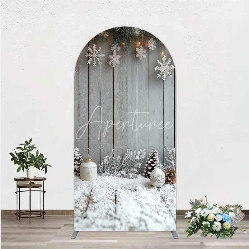 Aperturee - Aperturee Rustic Winter Holiday Arch Backdrop Snowy Wood Background with Flocked Pinecones Farmhouse Christmas Decor