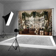 Aperturee - Aperturee Rustic Winter Holiday Backdrop with Snowy Mountain Landscape Flocked Christmas Trees and Elegant Garland Decor