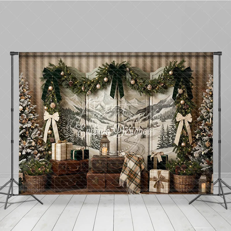 Aperturee - Aperturee Rustic Winter Holiday Backdrop with Snowy Mountain Landscape Flocked Christmas Trees and Elegant Garland Decor