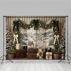 Aperturee - Aperturee Rustic Winter Holiday Backdrop with Snowy Mountain Landscape Flocked Christmas Trees and Elegant Garland Decor