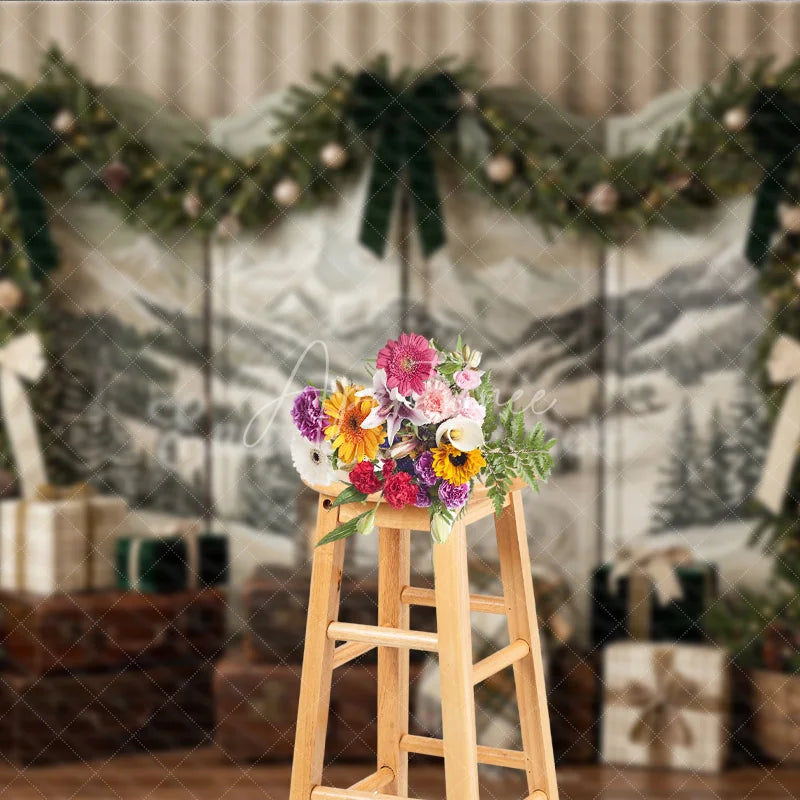 Aperturee - Aperturee Rustic Winter Holiday Backdrop with Snowy Mountain Landscape Flocked Christmas Trees and Elegant Garland Decor